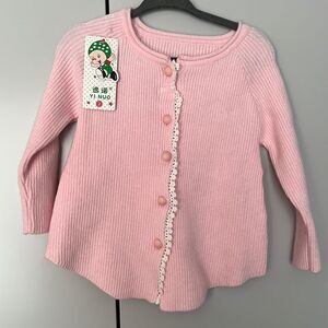Toddler girl pink ribbed sweater front lace detail